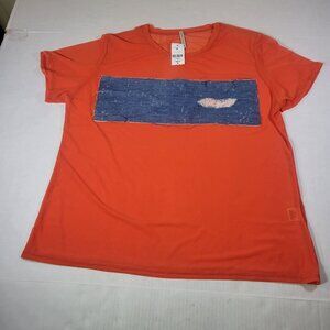 Emma & Sam Women Orange T-Shirt Cotton Denim Patch Distressed Accent Size M